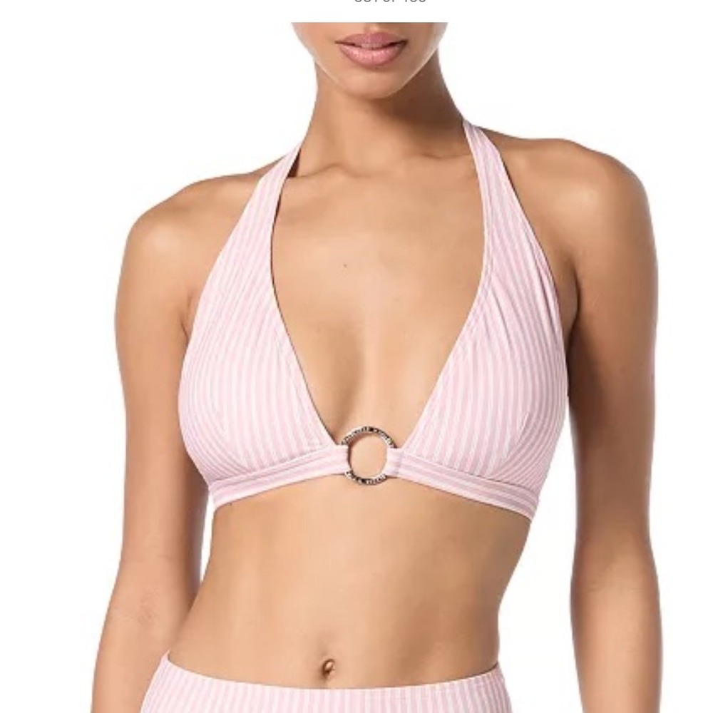 NWT Michael Kors Bikini Top Women S Rosewater Pink Striped Halter Ring MM84880